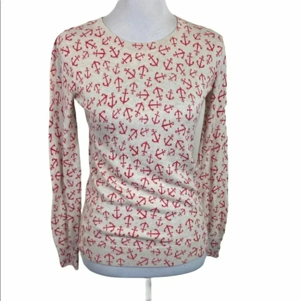Old Navy Sweater XS Cream Red Nautical Anchor Print Cotton Crew Neck Pullover